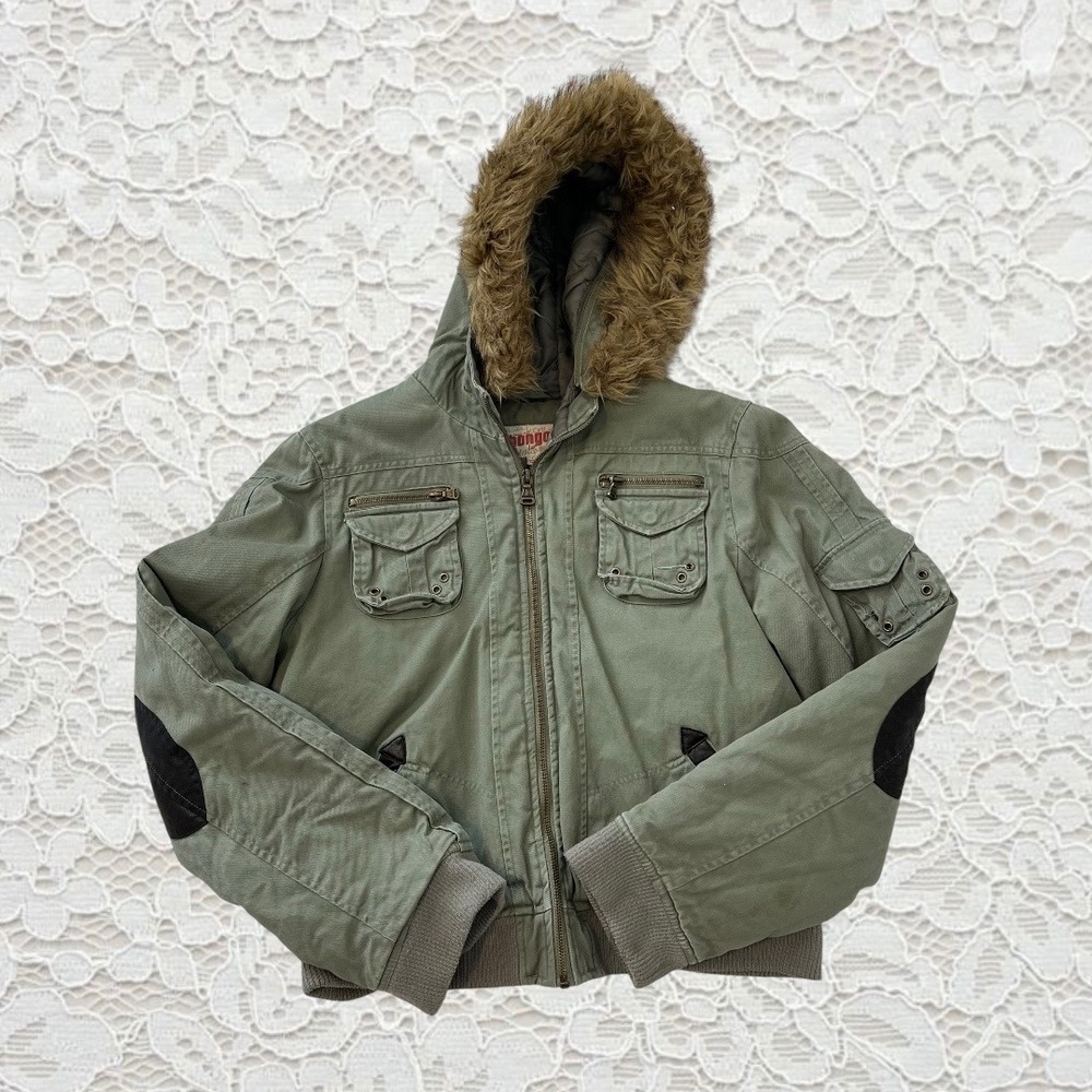 vintage bongo green fur hood utility bomber jacket with cute pocket details